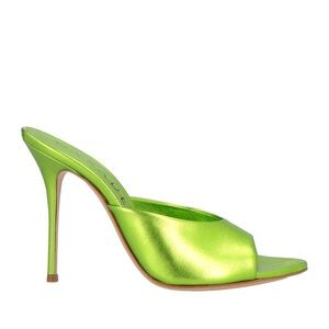 Casadei neon lime green metallic peep-toe mule sandals with 4.3” spike heel